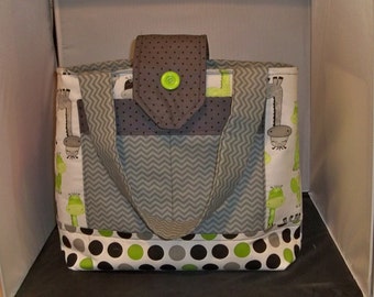 Large Whimsical Giraffe diaper bag Lime Green, Gray Polka Dots and Chevron Accents