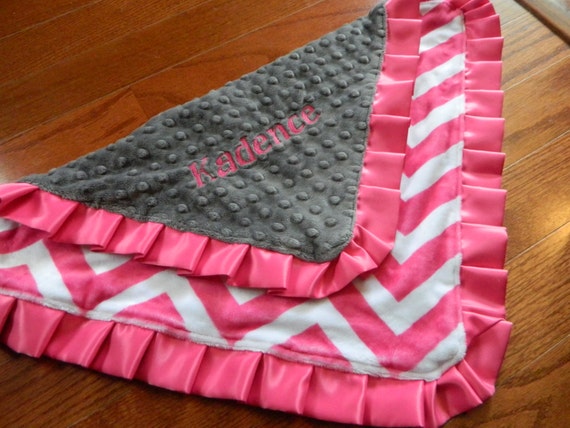 Monogrammed Ruffle Lovey. 18" Charcoal and Pink Chevron Minky with Satin Ruffle.