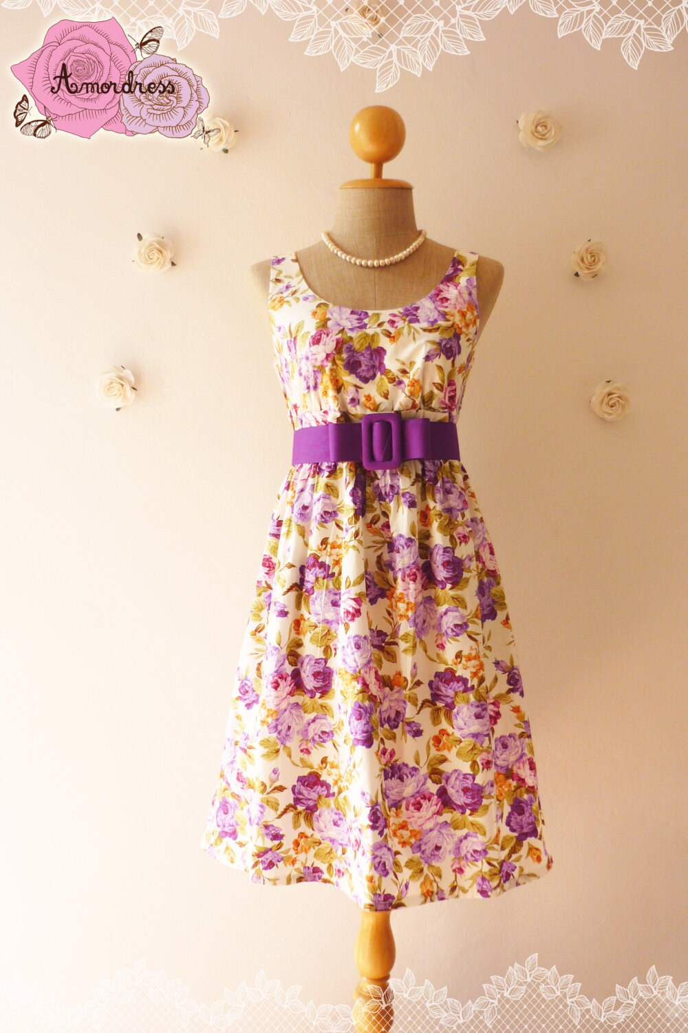 Purple Summer Dress Purple Floral Dress Vintage Inspired Dress