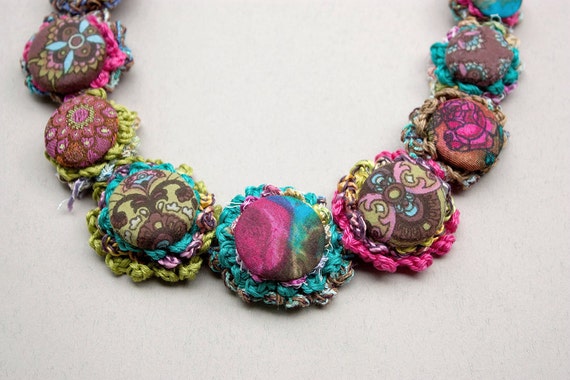 Fiber Art Necklace Textile Jewelry Crochet With Fabric 2616