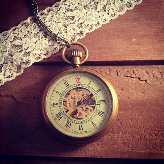 1 Large Pocket Watch Necklace Wind Up Gears Beveled GLASS