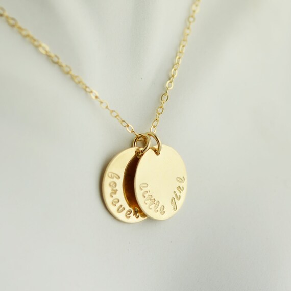 Gold disc necklace Personalized Hand Stamped phrase by luckyhorn