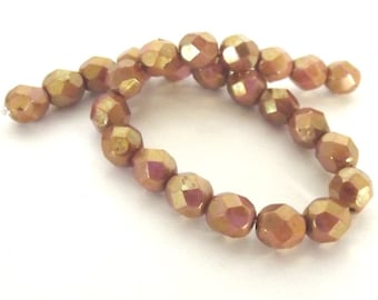25 Luster Opaque Rose Gold Topaz Firepolished Faceted 6mm Czech Glass Beads