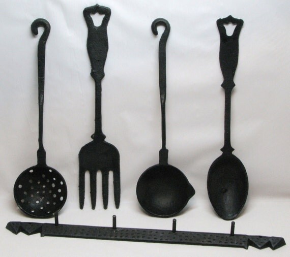 Vintage Cast Iron Display Utensils Spoon Fork Ladle and
