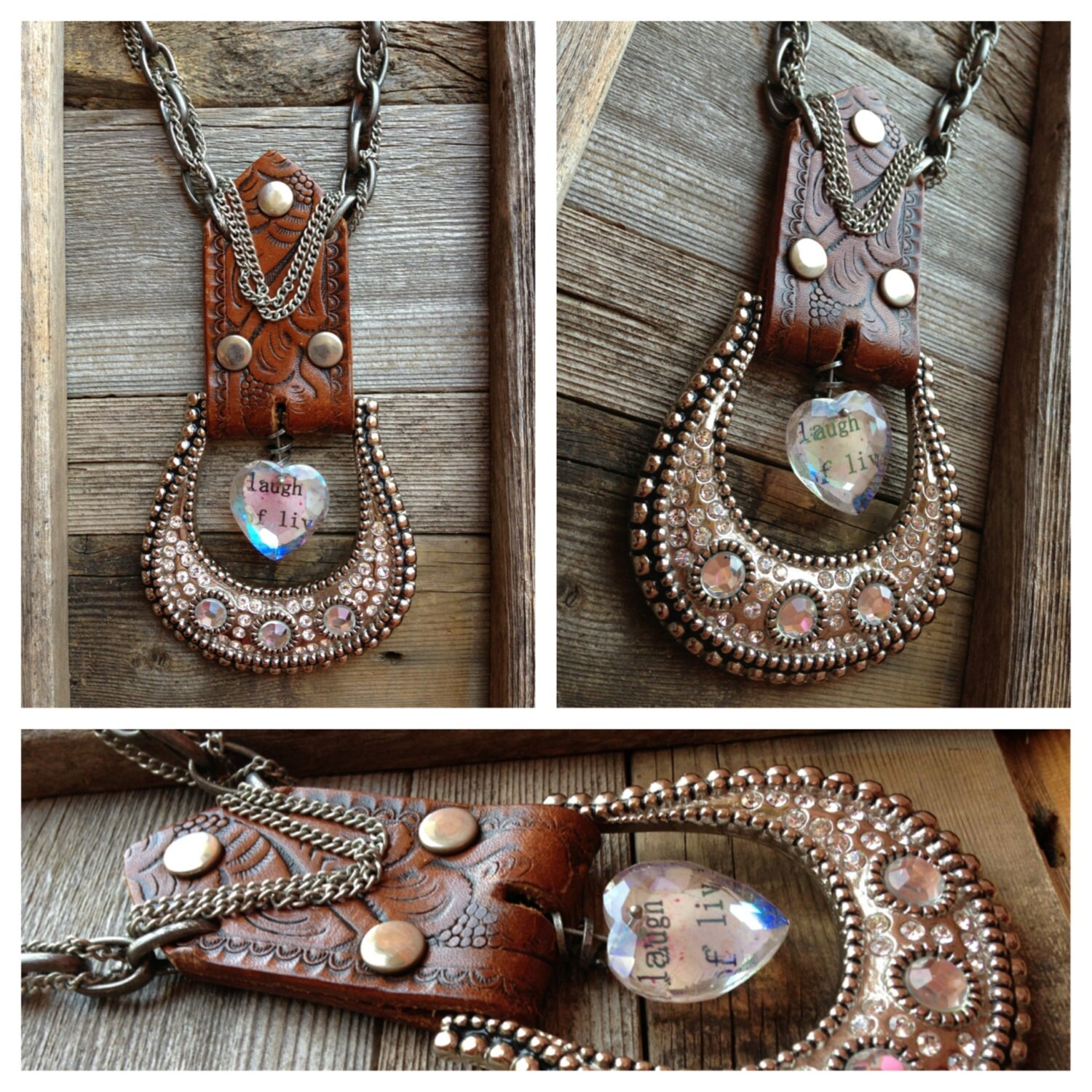 Large Crystal Belt Buckle Necklace With Leather Belt Leather