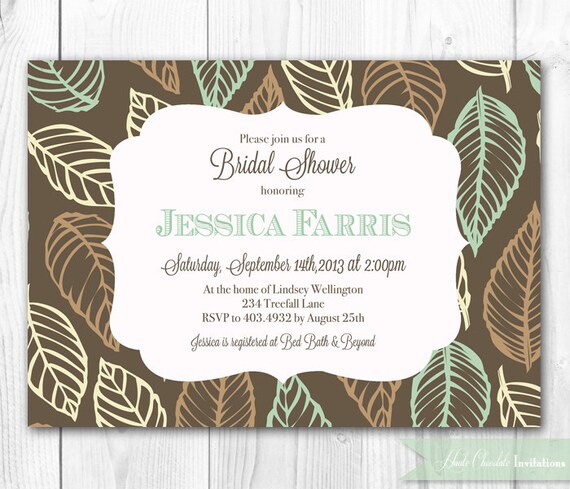 Fall Bridal Shower Invitation - Leaves in Mint & Brown. Fall Bridal Shower Invite, Baby Shower Invite or Birthday Invite. Il_570xn