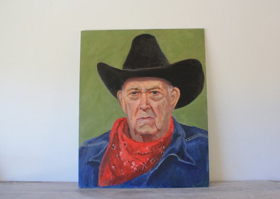 Vintage Art Old Man Cowboy Portrait Painting