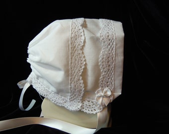 Handkerchief Baby Bonnet CLASSIC LACE White Heirloom Magic Hanky Wedding Baby Bonnet for baby showers Christening or just to wear