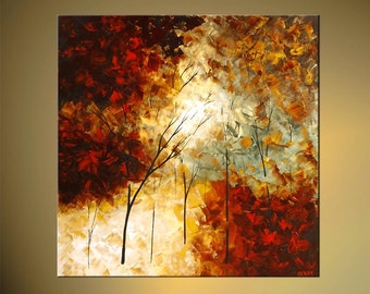 Original Landscape Abstract Painting Modern Palette Knife Textured Blooming Trees Painting Red, Green by Osnat - MADE-TO-ORDER - 30"x30"