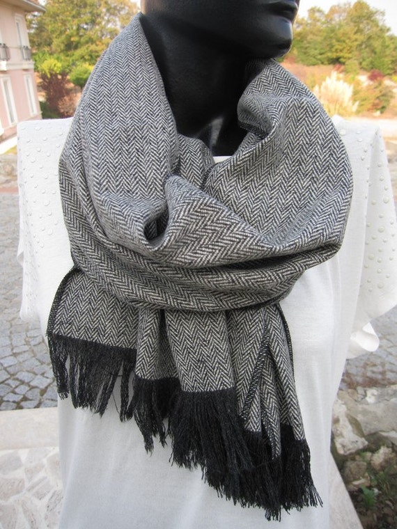 Herringbone Winter scarf Black Grey long Herringbone-Wool