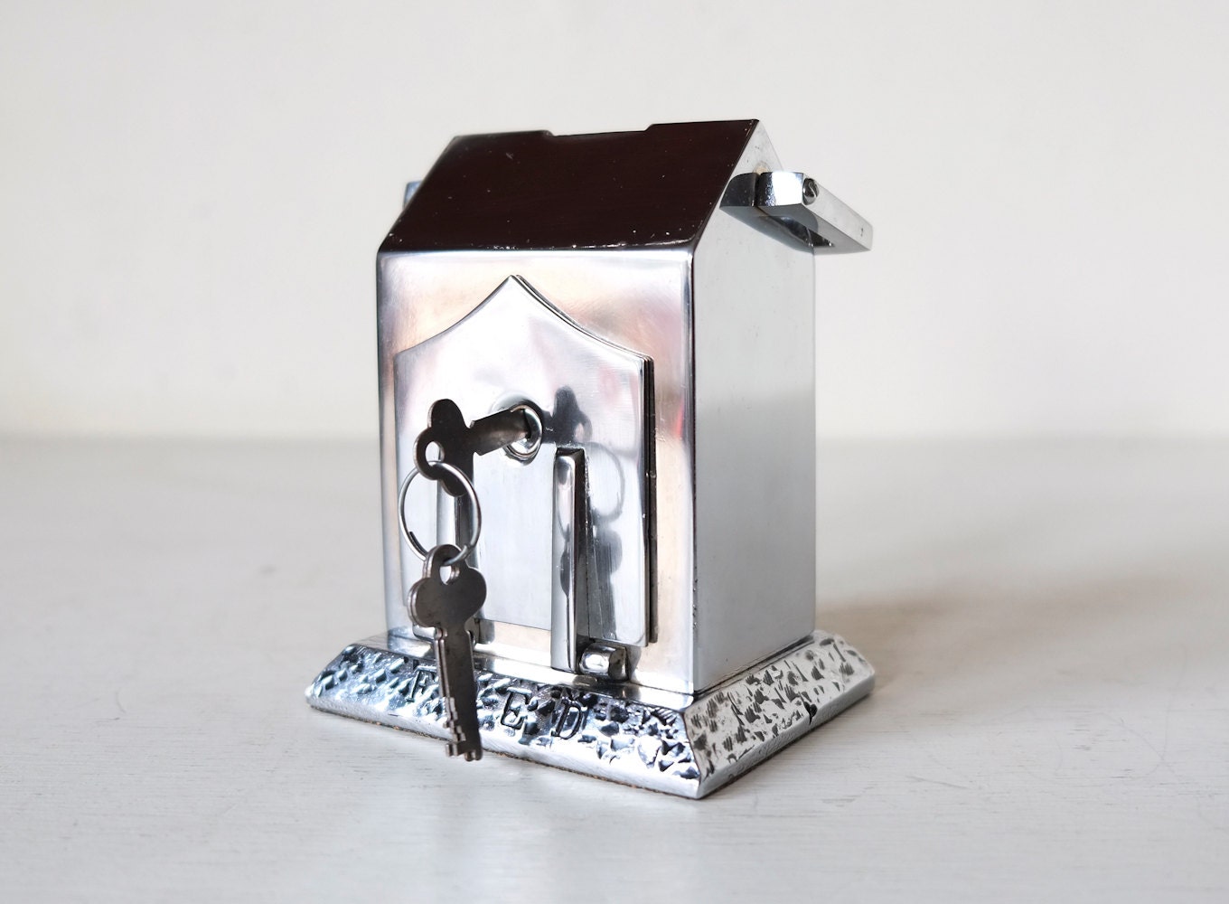 Small Heavy Metal 'Fred Piggy Bank with Key Mid Century by ARCHIVO