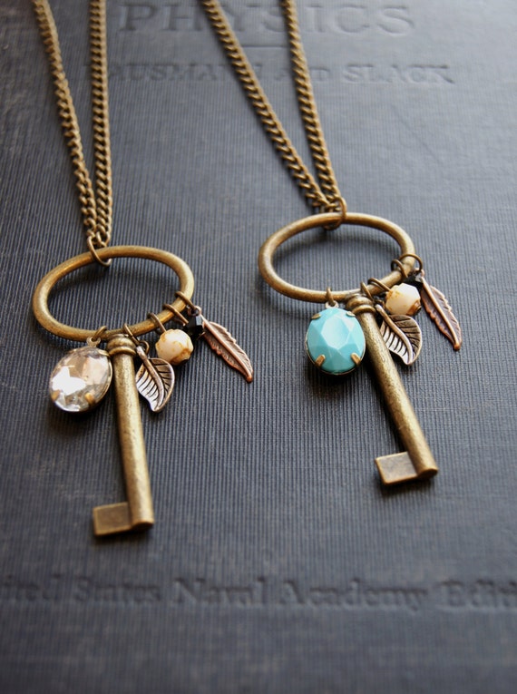 Large Skeleton Key Necklace Key Charm Necklace Turquoise