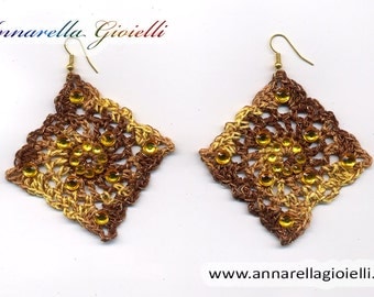 Crochet earrings, brown, yellow, handmade, square, strass, golden, thread, cotton, rumble, modern style, #E176