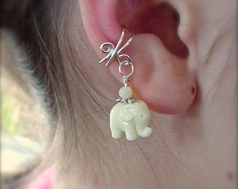 Ear Cuff, Silver Cuff with an Adorable Lucky White Elephant Bead Charm Your choice of Solid Sterling or Silver Plated Wire