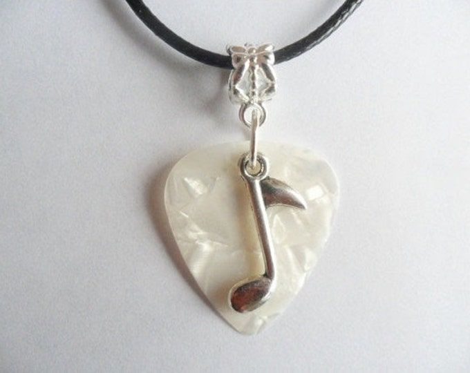 Guitar pick necklace with music note charm with adjustable cord from 18" to 20"