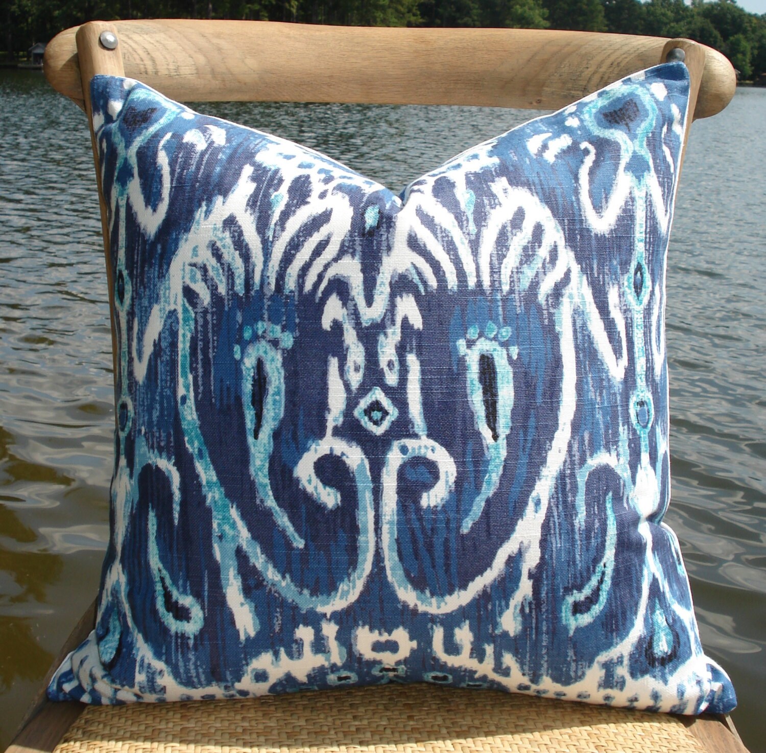 Ikat pillow cover. Blue and White Ikat Cotton Pillow Cover
