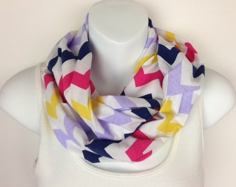 Blue, pink, yellow, purple, White Chevron Jersey Knit Infinity Scarf