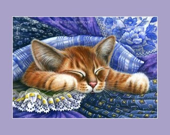 Ginger Cat Print In Blue Fabric by Irina Garmashova