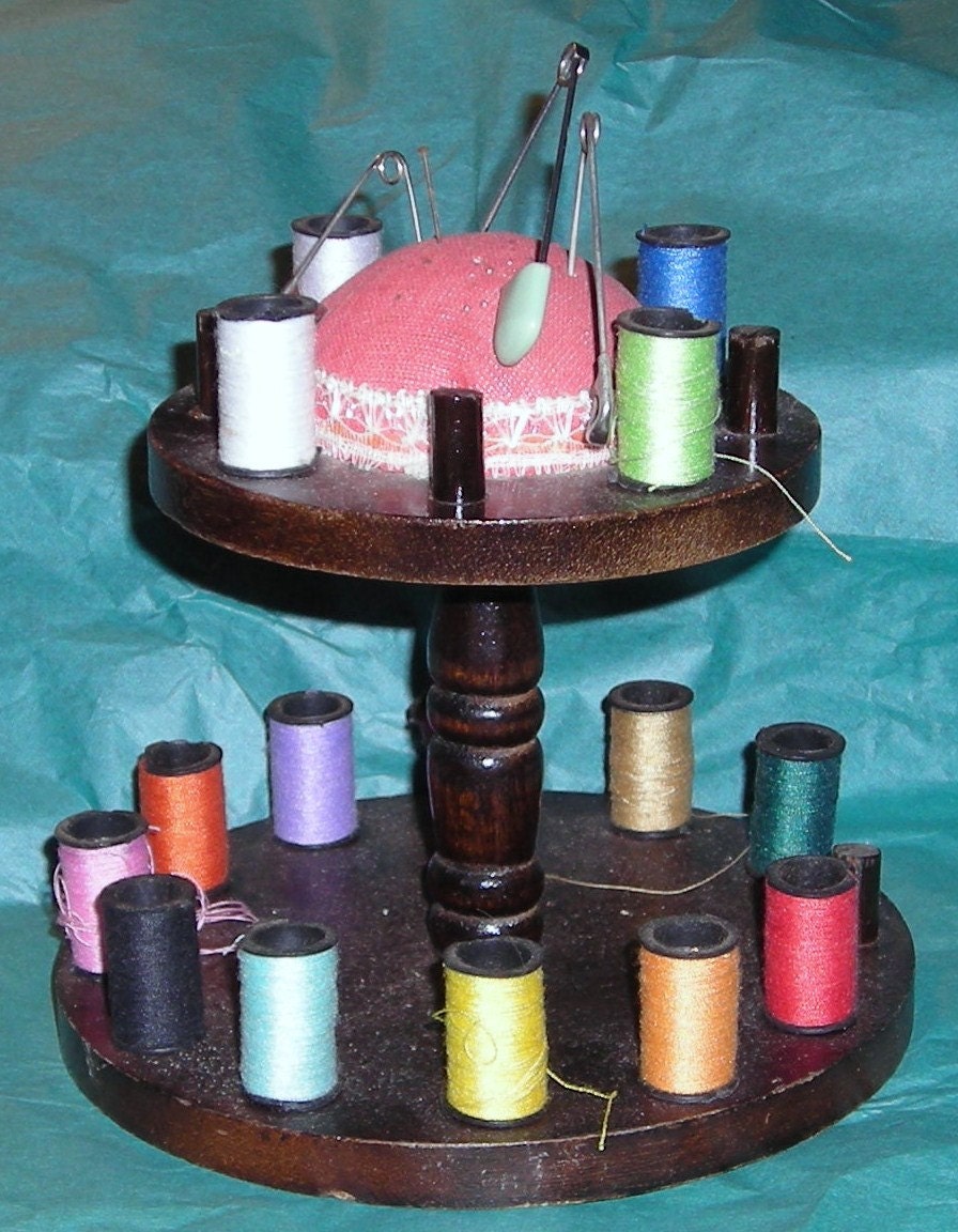 Vintage Thread Holder and Pincushion.......Turned Wood Thread