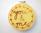 Embroidery Hoop Wall Art home decor hand embroidered words "You & Me" fall autumn golden yellow orange rust maple leaf wreath wedding decor