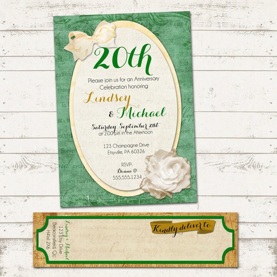 20th Wedding Anniversary Invitation and Address Labels - Vintage Inspired - Emerald and Gold - Birthday, Shower -Custom, Printable Designs Il_570xn
