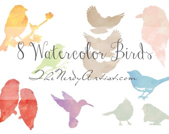 8 High Resolution Watercolor Birds Clip Art/Design Elements/PNG/JPEG