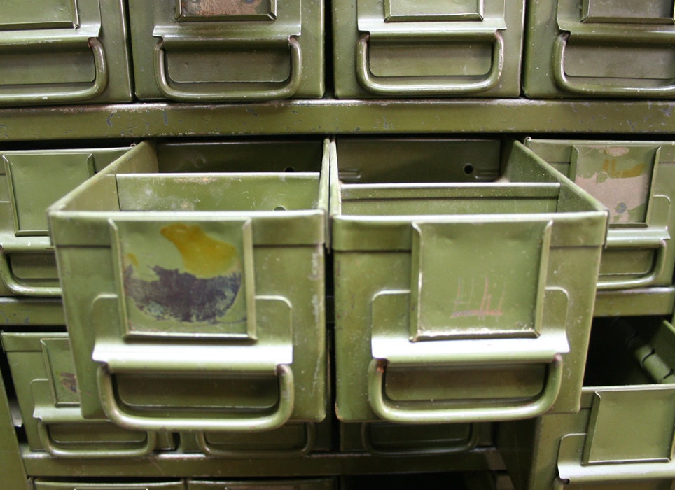 Vintage Industrial Library Card Catalog Steel Multi Drawer