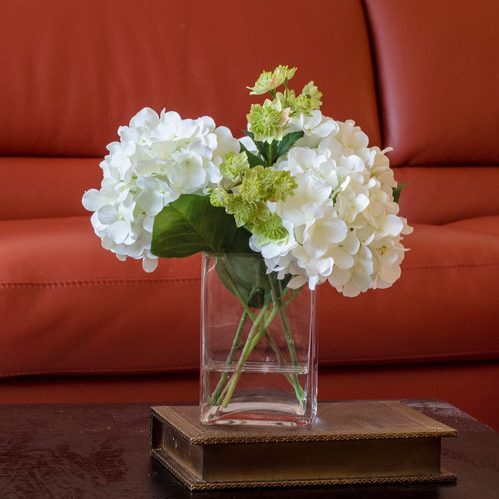 White Hydrangea Arrangement Silk Flowers Greenery Spray