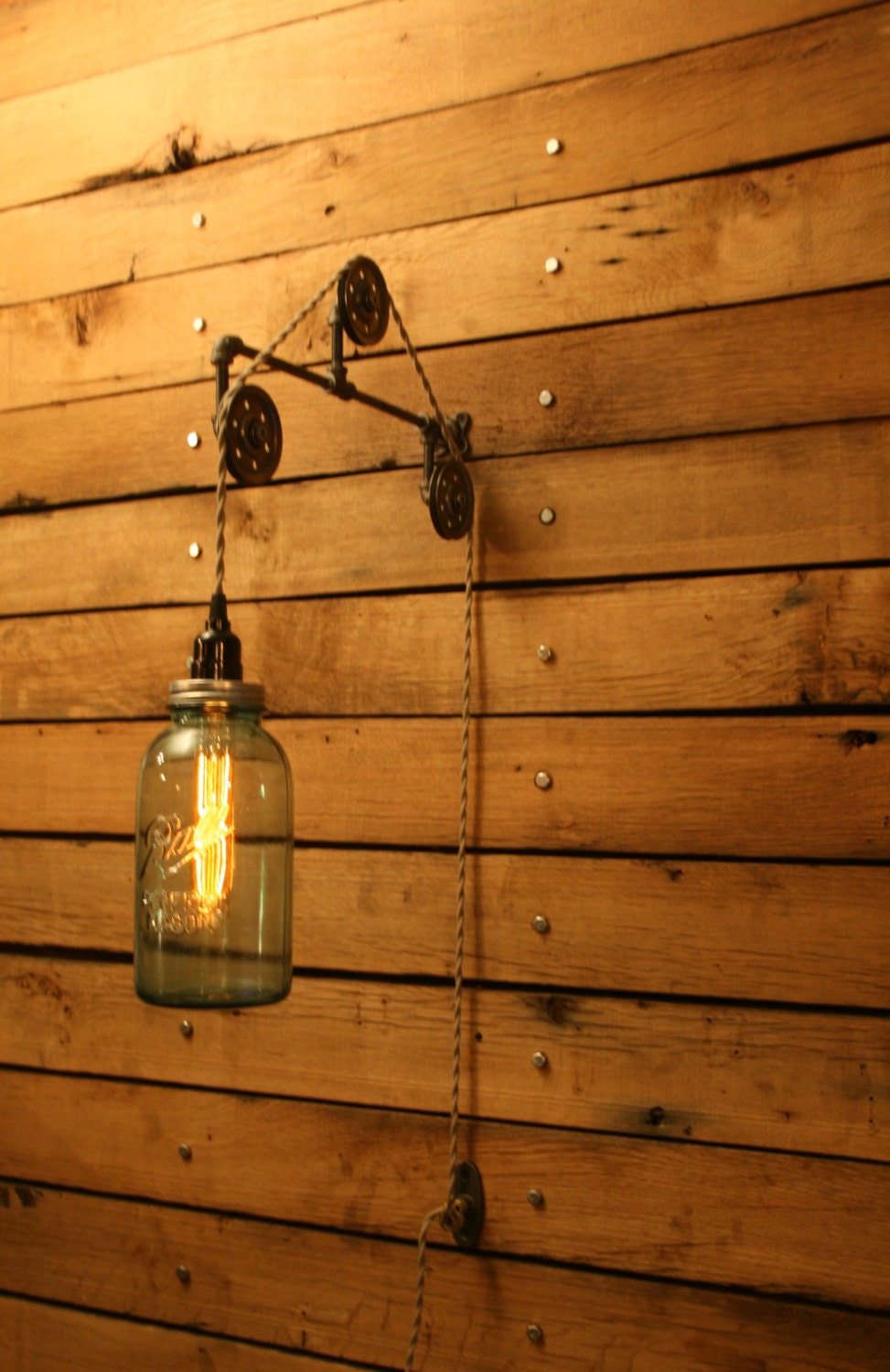 On Vintage Blue Ball Jar Pulley Light Wall Mount Zoom