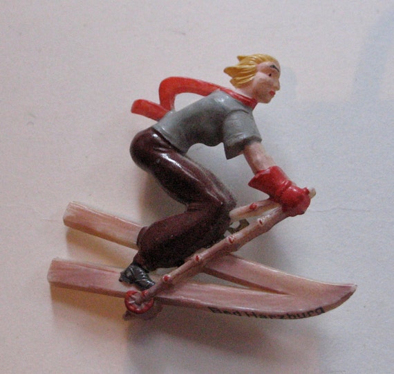 Vintage 1930s Celluloid Brooch Lady on Skis