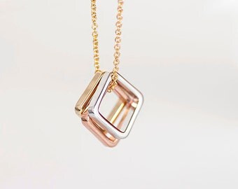 Square Charm Necklace, Triple Square Necklace, Gold / Silver / Pink Gold Chain, Bridesmaid Sister Girlfriend Gift, gj lj