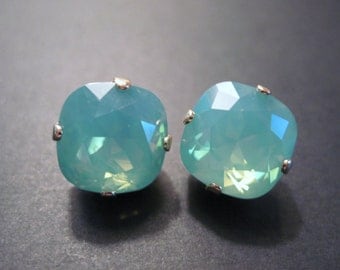 Pacific Opal Swarovski Studs/Opal Bridesmaid Jewelry/Square Crystal Studs/Opal Earrings/Swarovski Earrings/Green Opal Earrings/Cushion Set