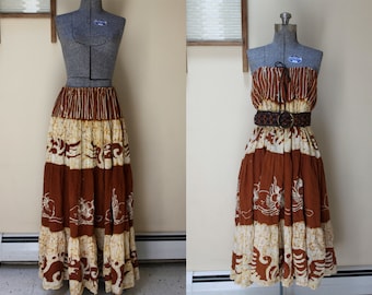 Vintage Boho Hippie Batik Flowing Full Circle Tiered Maxi Skirt Dress