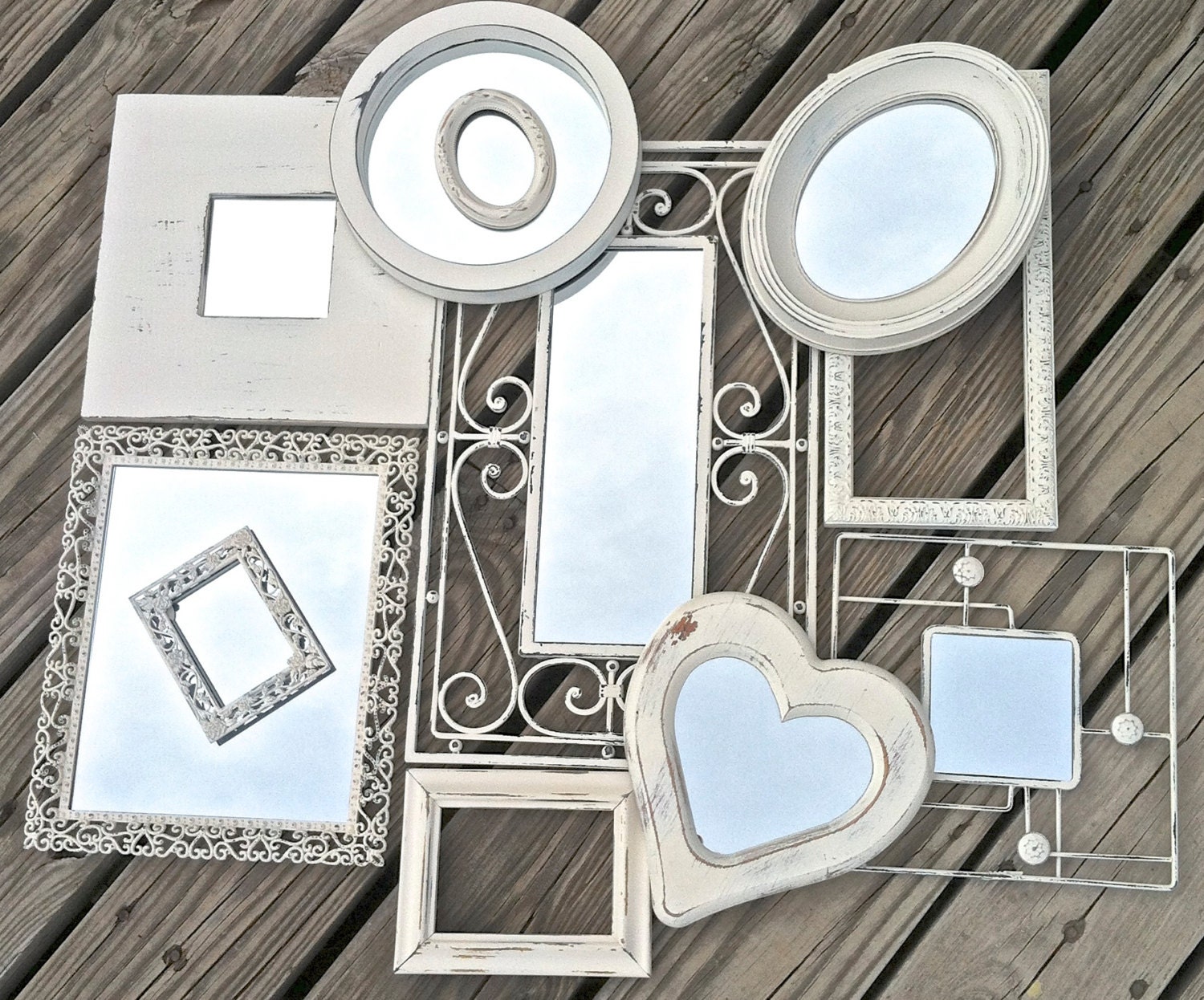 White Mirror Wall Collage / 11 Pieces Mirrors & Open Frames