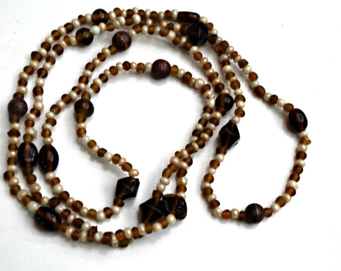 Boho Bead Necklace - Root Beer Brown and White Glass Bead -