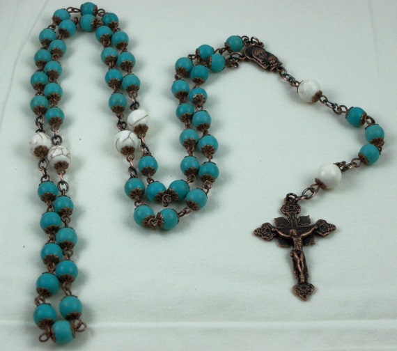 Catholic Rosary Traditional 5 Decade Copper Magnesite Blue