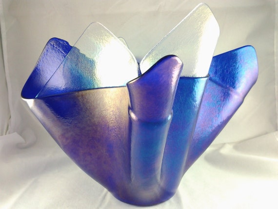 Fused Glass Vase Iridescent Cobalt Blue And Clear Layered 1194