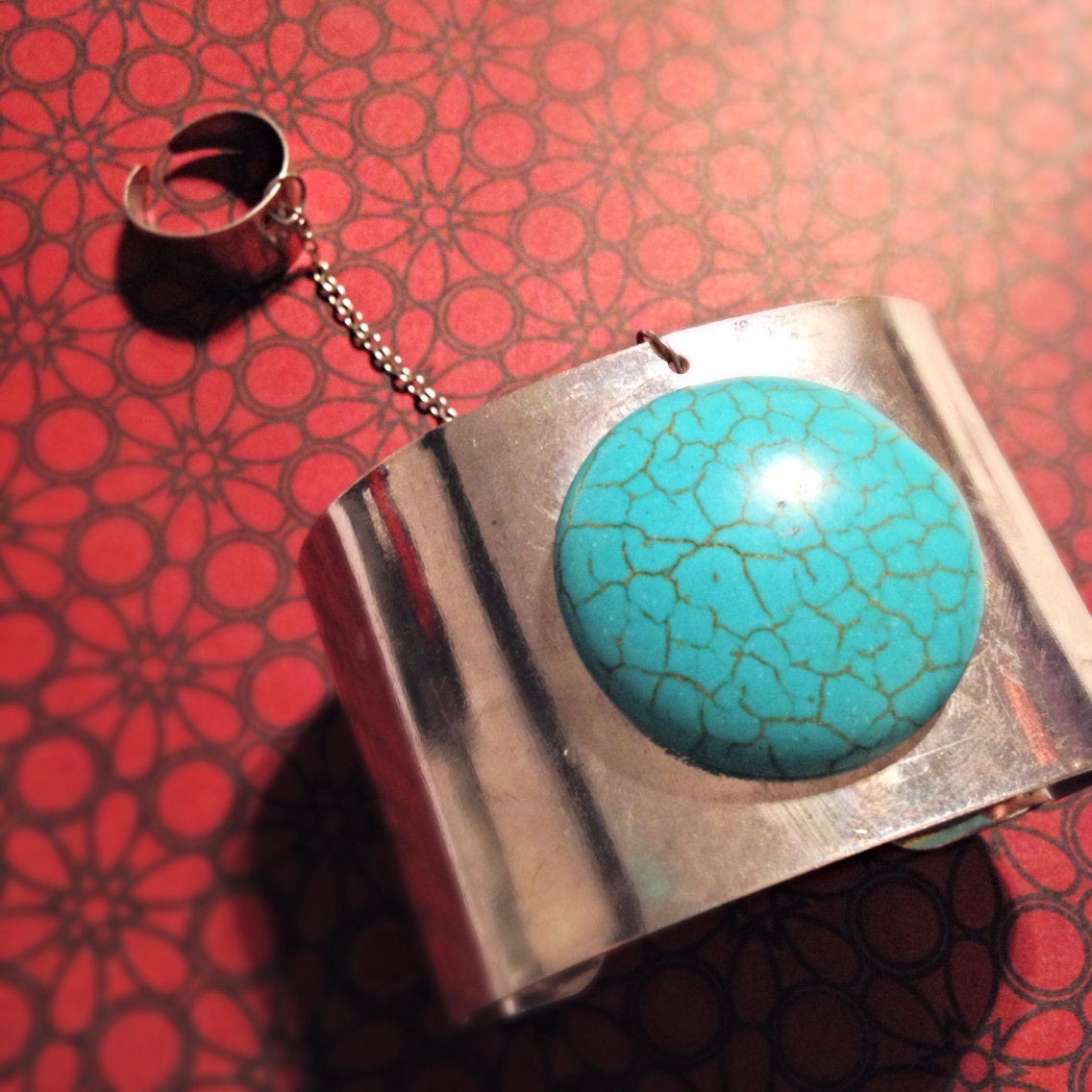 Large Silver Cuff Slave Bracelet with Aqua Jewel