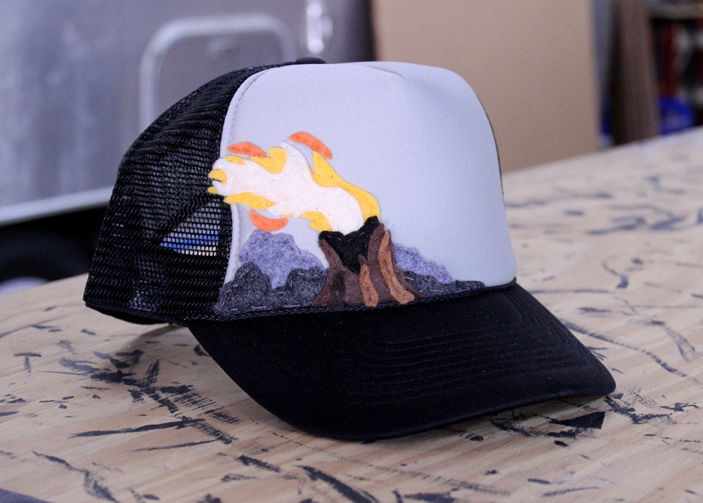 Handmade Felt Applique Volcano Mesh Trucker Hat by bkheel on Etsy