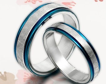His and Her Promise Rings - Blue Wedding Titanium Rings Set