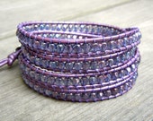 Beaded Leather Wrap Bracelet 4 or 5 Wrap with Purple Lavender Luster Czech Glass Beads on Metallic Purple Leather