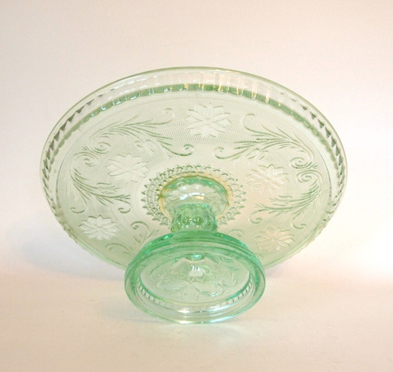 Vintage Chantilly Green Indiana Glass Tiara Cake Pedestal