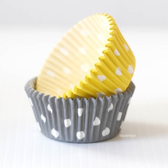 Items similar to Yellow and Gray Wedding Cupcake Liners Big Dots 20