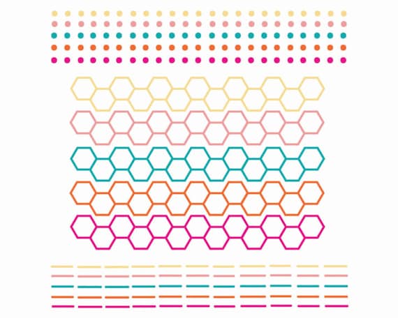 60% OFF SALE Digital Scrapbook Borders Dots, Hexagons and Lines Blue, Pink, Yellow, Orange png files Il_570xn