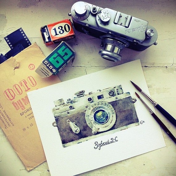 Watercolor Camera Original Watercolor Painting 6 x 7 4/5