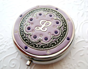 Custom Personalized Pill box/ Mint Box, lip gloss container with Swarovski Crystals and Silver-tone Filigree-Pick the Color and Letter