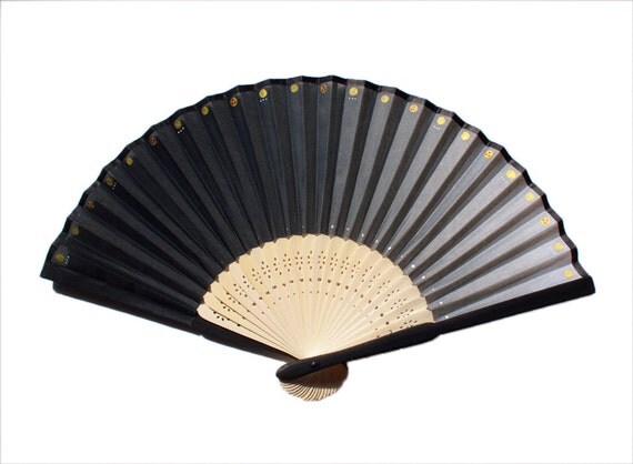 Dark & light mini folding fan with case black gold hand by UNMU