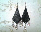 Leather Chandelier Earrings- Chandelier Earrings- Dangle Upcycled Earrings-  Black Leather- Beaded Chandelier Earrings- Sterling Silver