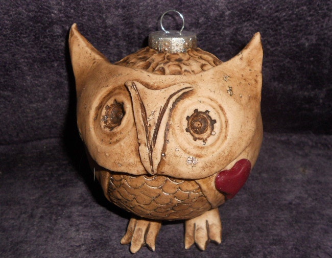 Woodland Owl Ornament, Handmade Christmas Ornament, Whimsical Owl Xmas Tree Decoration, Custom Size, Home Decor Animal Sculpture & Pendant
