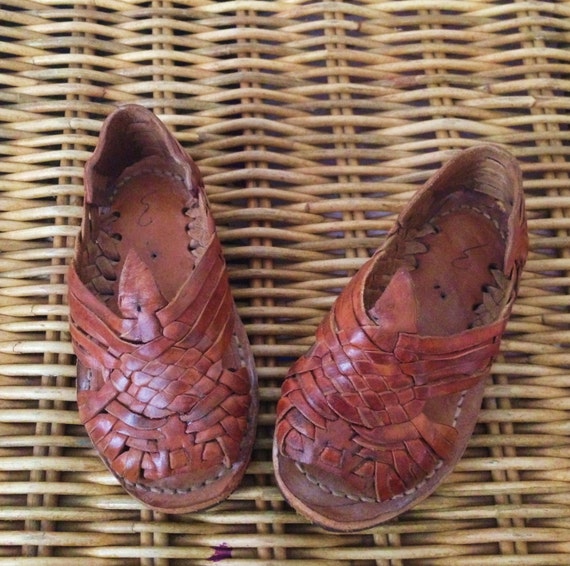 Vintage Caramel Brown Leather MEXICAN HUARACHES Woven Sandals